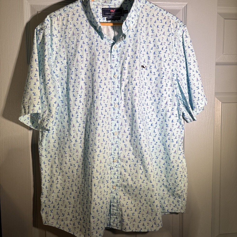 Vineyard Vines Shirt Men XL Slim Fit Whale All Over Print Tropical Palm Tree - Picture 1 of 11